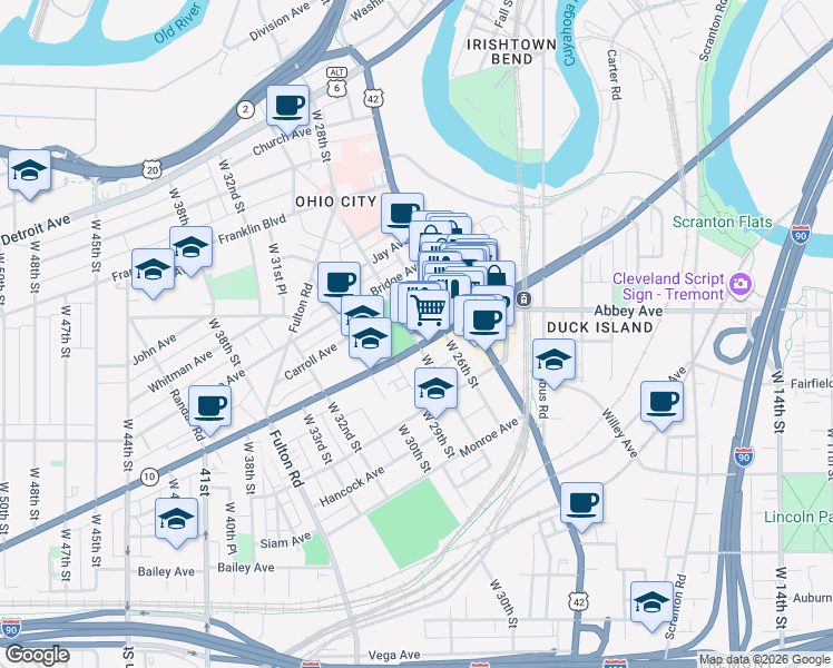 map of restaurants, bars, coffee shops, grocery stores, and more near 1964 West 26th Street in Cleveland