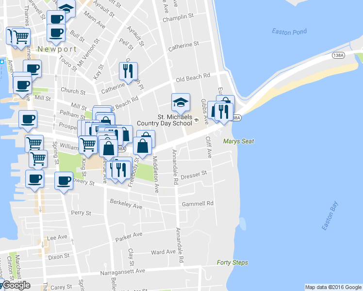 map of restaurants, bars, coffee shops, grocery stores, and more near 70 Rhode Island 138A in Newport