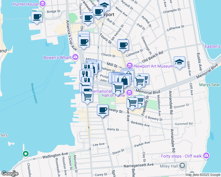 map of restaurants, bars, coffee shops, grocery stores, and more near 62 Rhode Island 138A in Newport