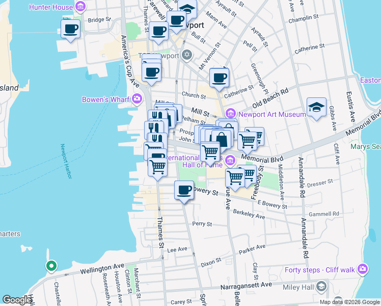 map of restaurants, bars, coffee shops, grocery stores, and more near 62 Rhode Island 138A in Newport
