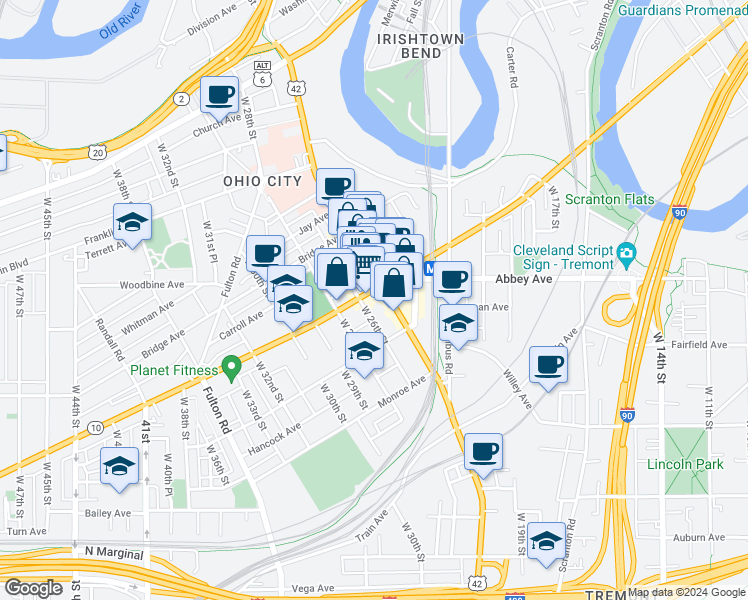 map of restaurants, bars, coffee shops, grocery stores, and more near 2519 Market Avenue in Cleveland