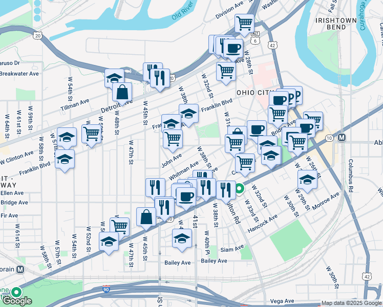 map of restaurants, bars, coffee shops, grocery stores, and more near 3905 Woodbine Avenue in Cleveland