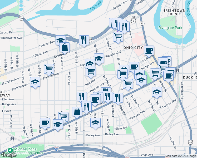 map of restaurants, bars, coffee shops, grocery stores, and more near 3818 John Avenue in Cleveland