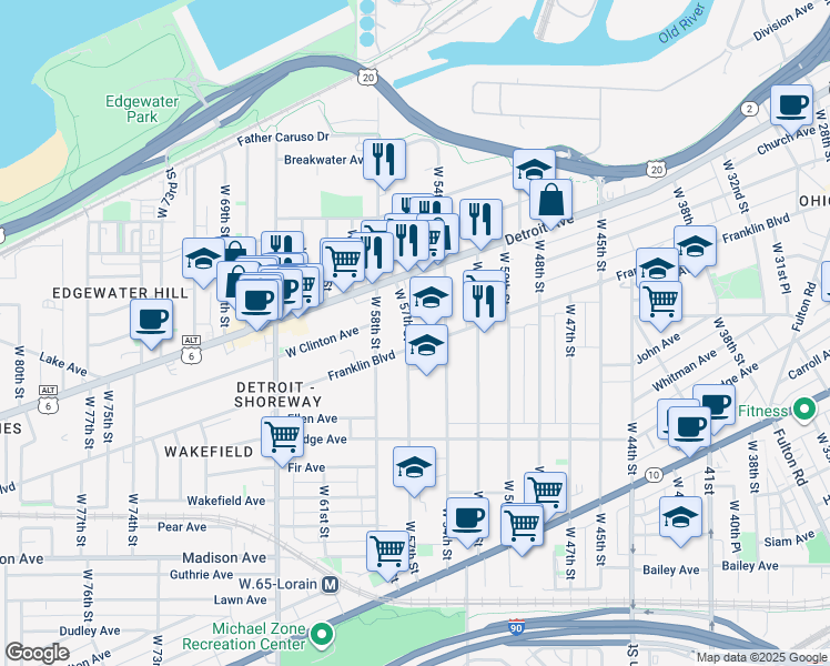 map of restaurants, bars, coffee shops, grocery stores, and more near 1454 West 54th Street in Cleveland