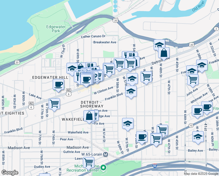 map of restaurants, bars, coffee shops, grocery stores, and more near 5912 West Clinton Avenue in Cleveland