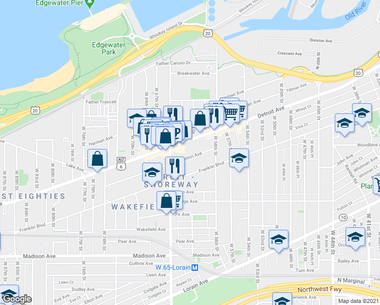map of restaurants, bars, coffee shops, grocery stores, and more near 6211 Detroit Avenue in Cleveland