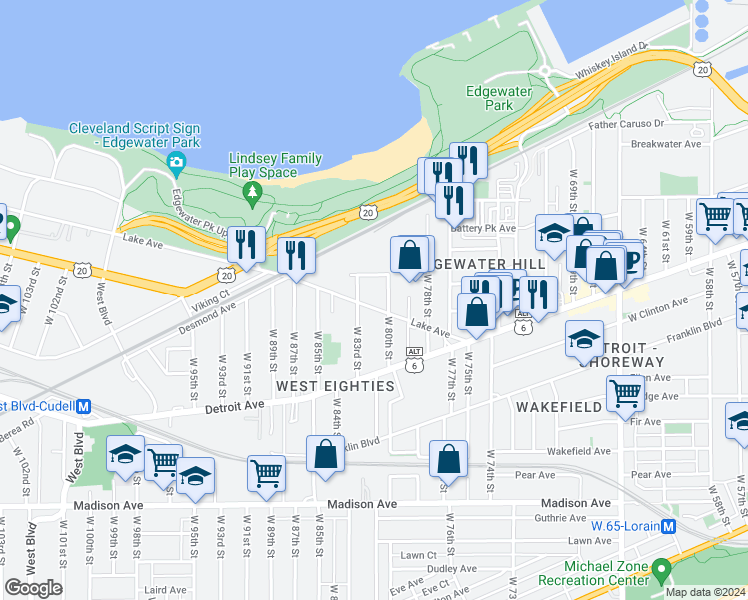 map of restaurants, bars, coffee shops, grocery stores, and more near 1308 West 80th Street in Cleveland