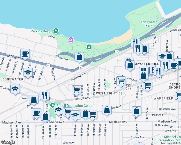 map of restaurants, bars, coffee shops, grocery stores, and more near 1264 West 89th Street in Cleveland