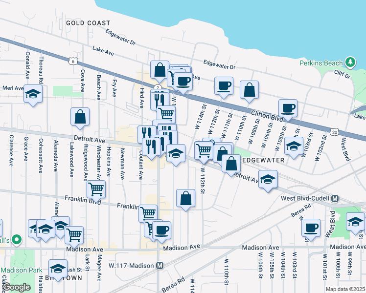 map of restaurants, bars, coffee shops, grocery stores, and more near 11500 Detroit Avenue in Cleveland