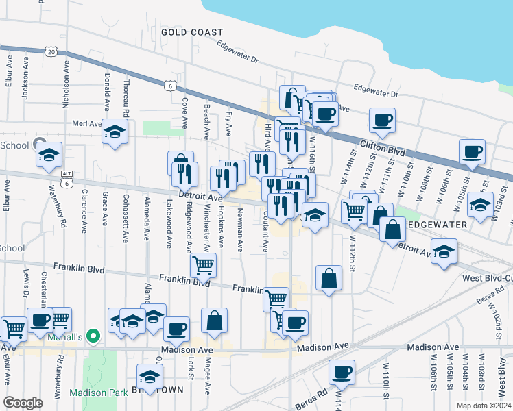 map of restaurants, bars, coffee shops, grocery stores, and more near 11814 Detroit Avenue in Lakewood
