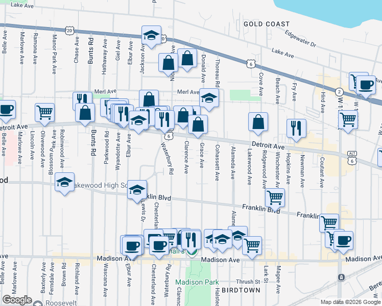 map of restaurants, bars, coffee shops, grocery stores, and more near 1427 Clarence Avenue in Lakewood