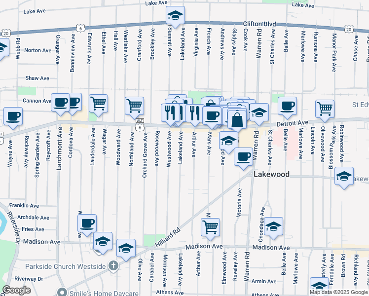 map of restaurants, bars, coffee shops, grocery stores, and more near in Cuyahoga County