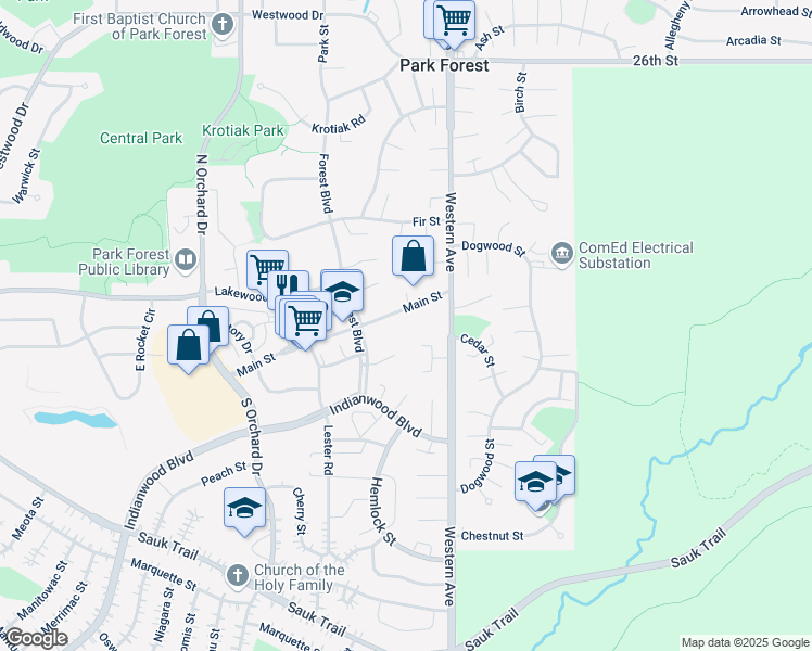 map of restaurants, bars, coffee shops, grocery stores, and more near 48 Main Street in Park Forest