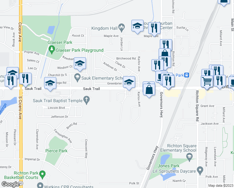 map of restaurants, bars, coffee shops, grocery stores, and more near 4129 Sauk Trail in Richton Park