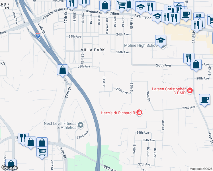 map of restaurants, bars, coffee shops, grocery stores, and more near 2614 31st St in Moline