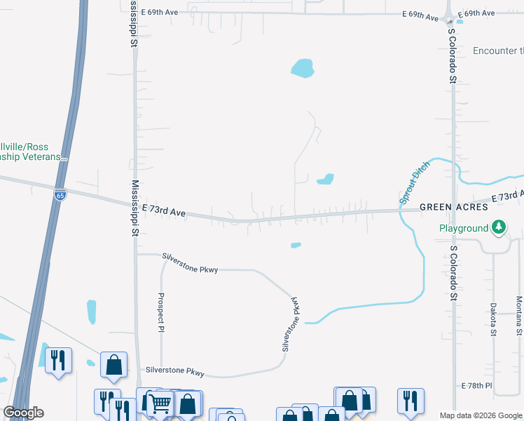 map of restaurants, bars, coffee shops, grocery stores, and more near 2104 E 73rd Ave in Merrillville