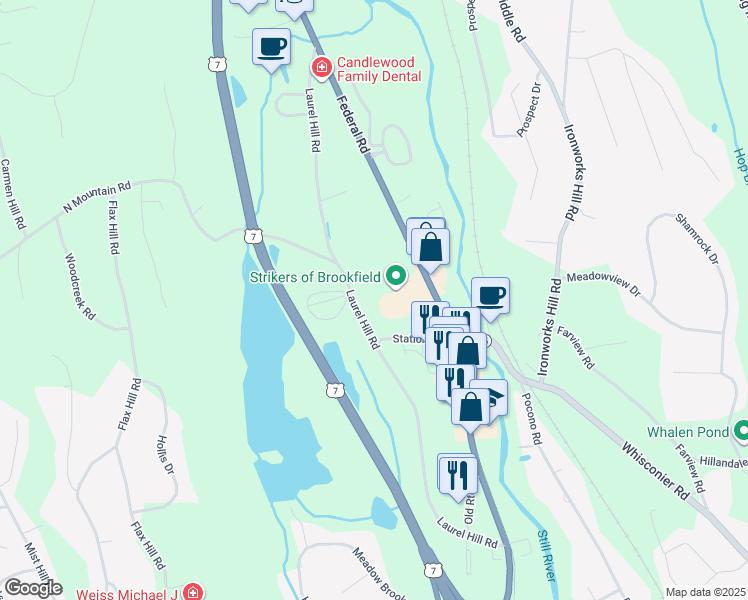 map of restaurants, bars, coffee shops, grocery stores, and more near 101 Laurel Hill Road in Brookfield