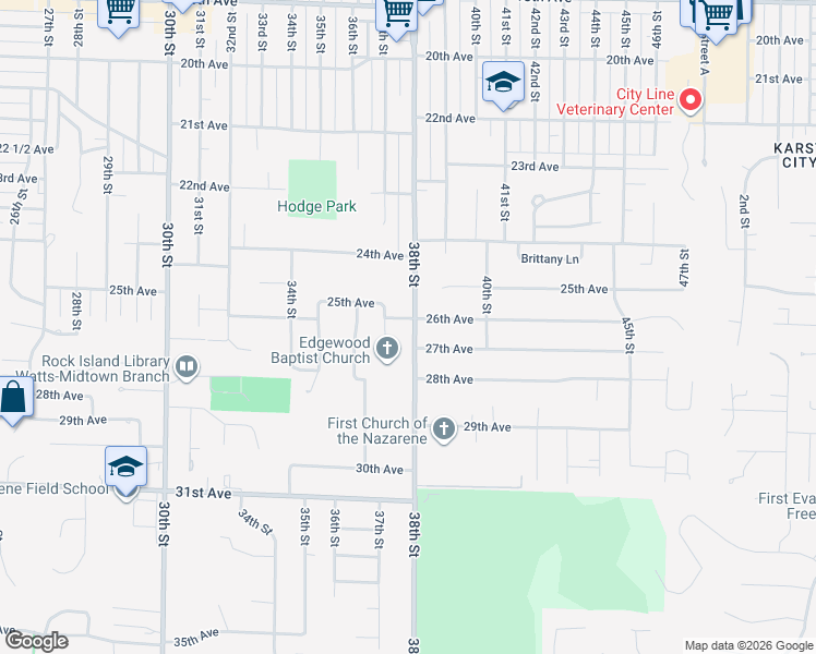 map of restaurants, bars, coffee shops, grocery stores, and more near 3800 26th Avenue A in Rock Island