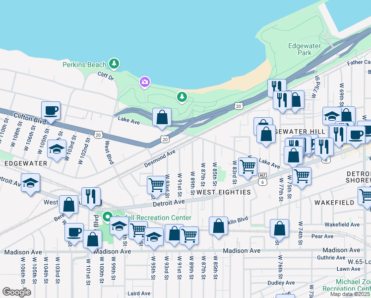 map of restaurants, bars, coffee shops, grocery stores, and more near 1264 West 89th Street in Cleveland