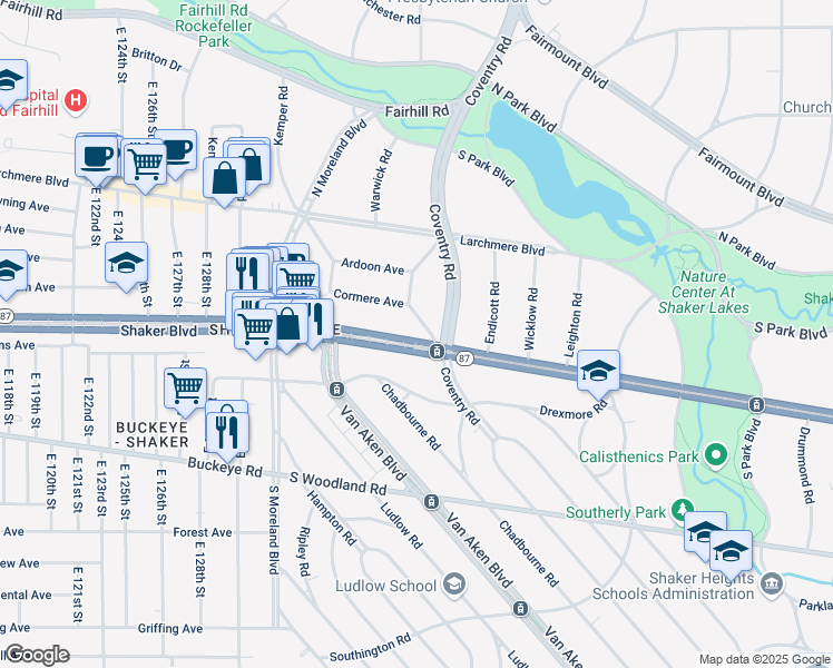 map of restaurants, bars, coffee shops, grocery stores, and more near 13901 Shaker Boulevard in Cleveland