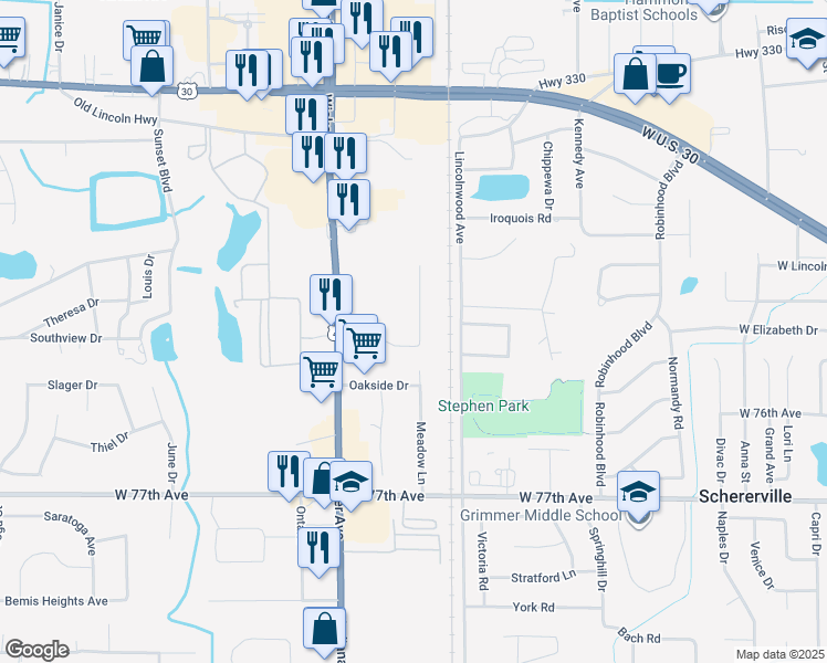 map of restaurants, bars, coffee shops, grocery stores, and more near 2120 Meadow Lane in Schererville
