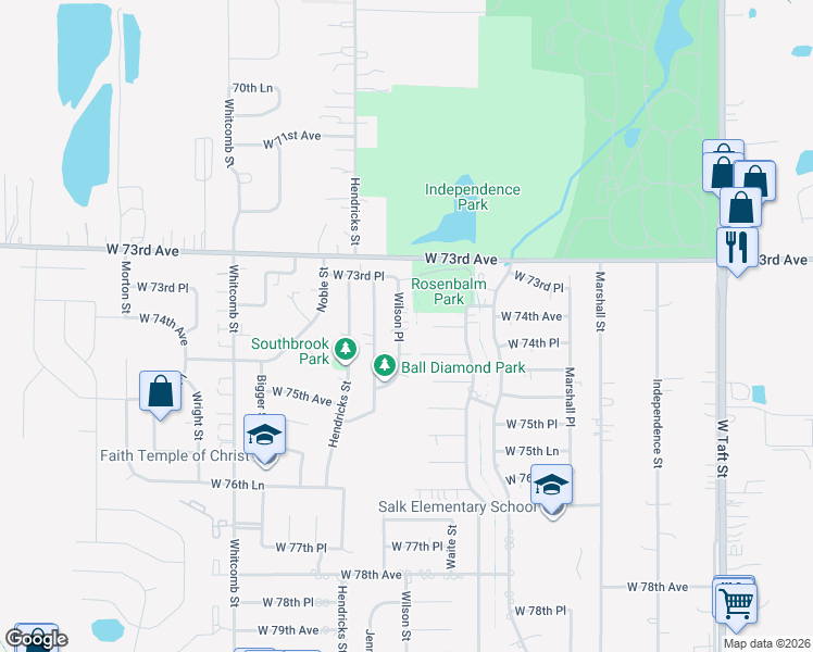 map of restaurants, bars, coffee shops, grocery stores, and more near 7406 Wilson Place in Merrillville