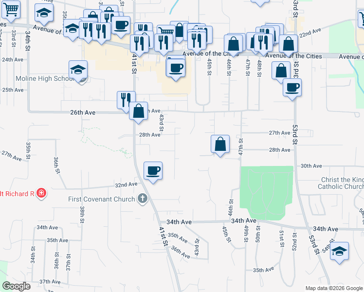 map of restaurants, bars, coffee shops, grocery stores, and more near 2824 44th Street in Moline