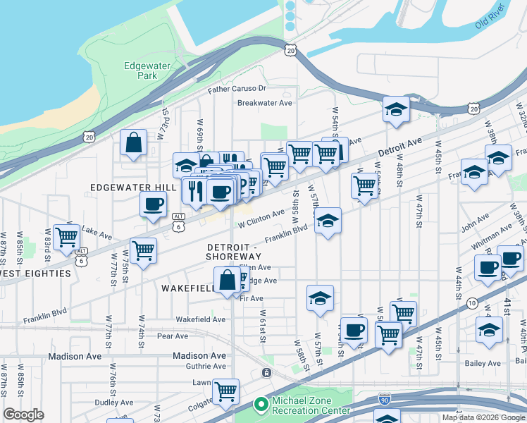 map of restaurants, bars, coffee shops, grocery stores, and more near 6211 Detroit Avenue in Cleveland