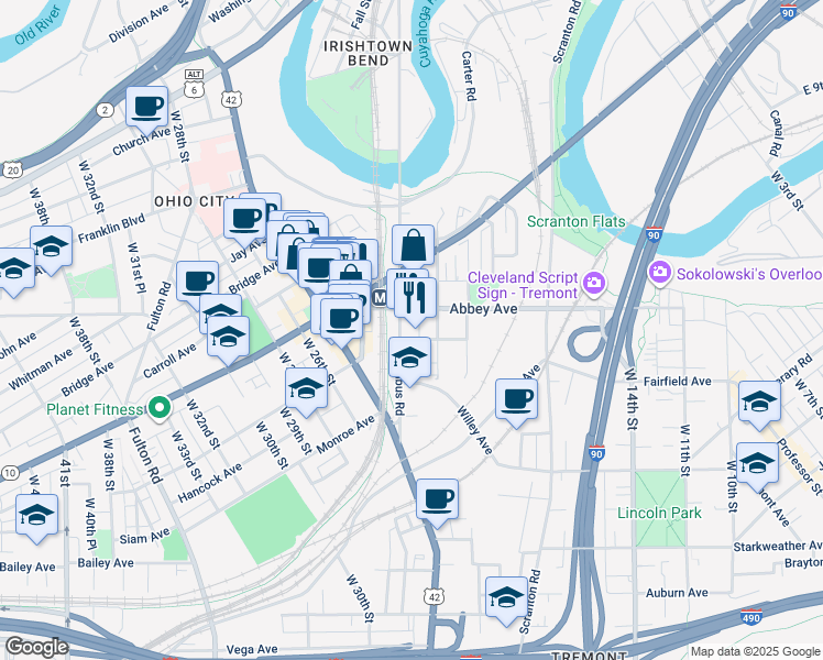 map of restaurants, bars, coffee shops, grocery stores, and more near 2081 Columbus Road in Cleveland