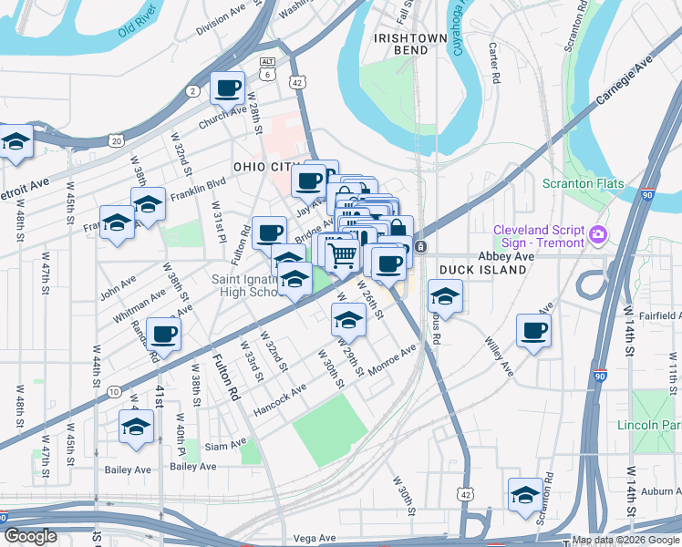 map of restaurants, bars, coffee shops, grocery stores, and more near 2650 Lorain Avenue in Cleveland