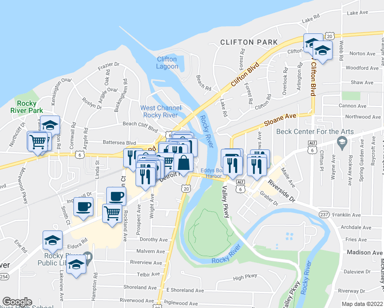 map of restaurants, bars, coffee shops, grocery stores, and more near 19000 Lake Road in Rocky River