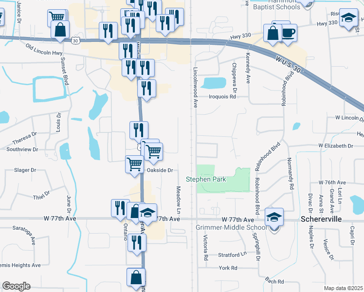 map of restaurants, bars, coffee shops, grocery stores, and more near 2125 Meadow Lane in Schererville