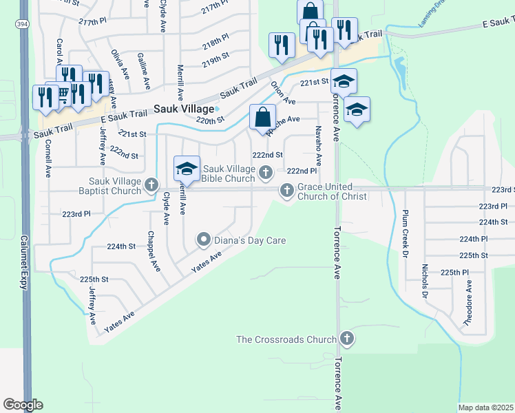 map of restaurants, bars, coffee shops, grocery stores, and more near 2298 223rd Place in Sauk Village