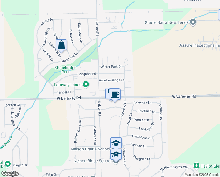map of restaurants, bars, coffee shops, grocery stores, and more near 911 Timber Place in New Lenox