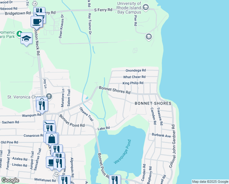map of restaurants, bars, coffee shops, grocery stores, and more near 155 Bonnet Shores Road in Narragansett