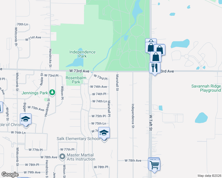 map of restaurants, bars, coffee shops, grocery stores, and more near 7403-7409 Marshall Place in Merrillville