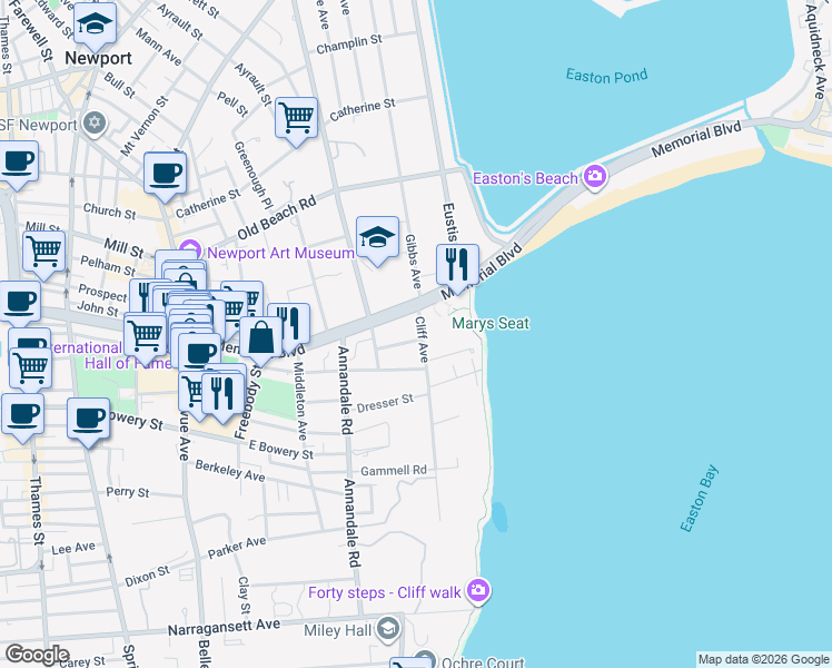 map of restaurants, bars, coffee shops, grocery stores, and more near 2 Cliff Avenue in Newport
