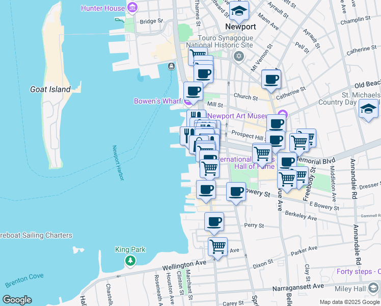 map of restaurants, bars, coffee shops, grocery stores, and more near 351 Thames Street in Newport