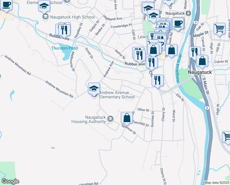 map of restaurants, bars, coffee shops, grocery stores, and more near 75 Manners Avenue in Naugatuck