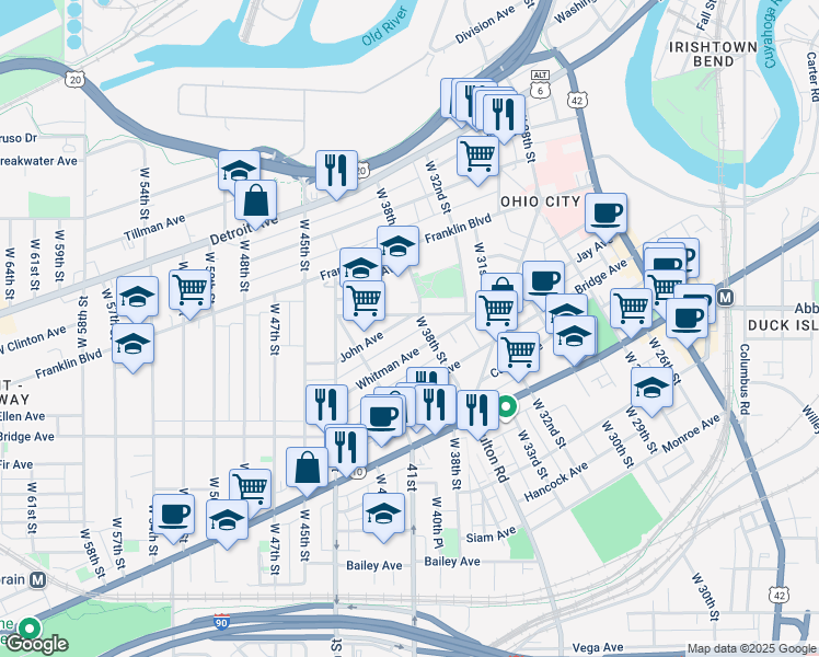 map of restaurants, bars, coffee shops, grocery stores, and more near 3905 Woodbine Avenue in Cleveland
