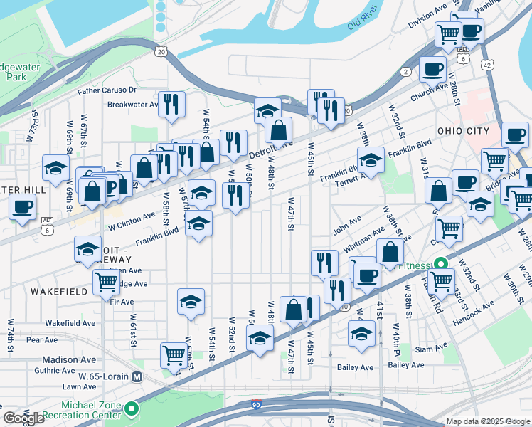 map of restaurants, bars, coffee shops, grocery stores, and more near 1767 West 48th Street in Cleveland