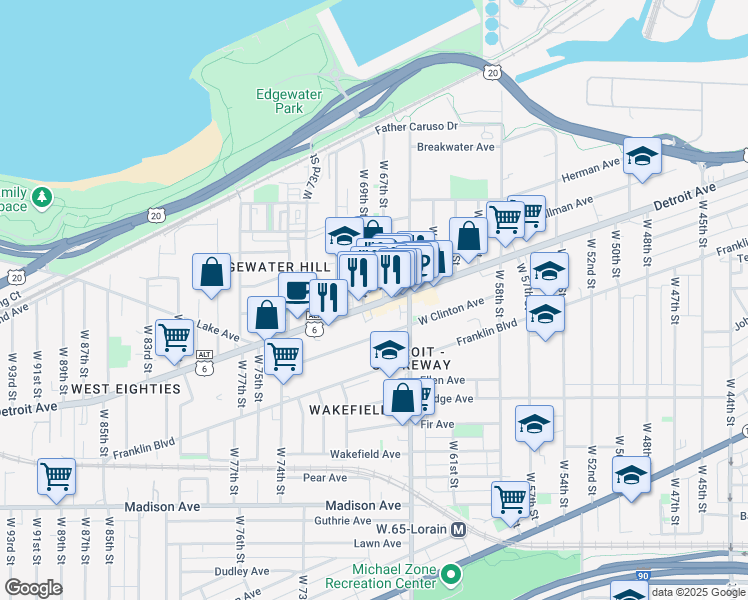 map of restaurants, bars, coffee shops, grocery stores, and more near 6710 Detroit Avenue in Cleveland