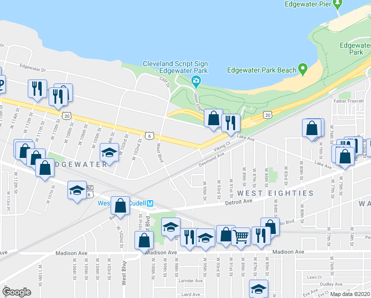 map of restaurants, bars, coffee shops, grocery stores, and more near 9605 Clifton Boulevard in Cleveland