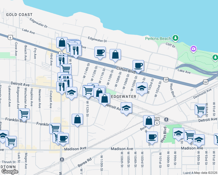 map of restaurants, bars, coffee shops, grocery stores, and more near 1326 West 110th Street in Cleveland