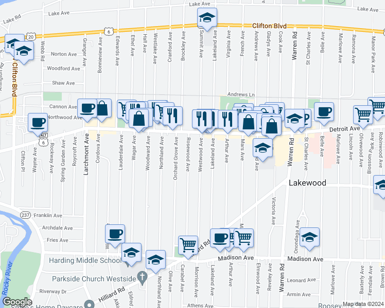 map of restaurants, bars, coffee shops, grocery stores, and more near 1436 Rosewood Avenue in Lakewood