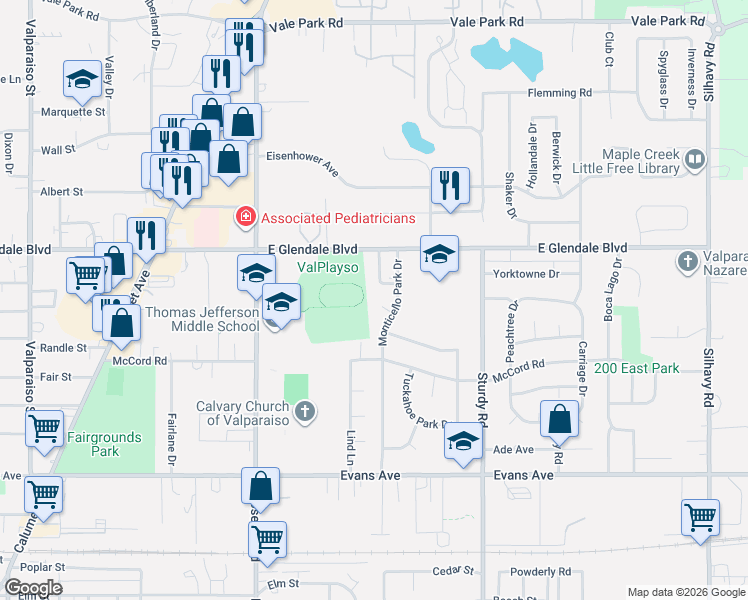 map of restaurants, bars, coffee shops, grocery stores, and more near 1717 Dainesway Drive in Valparaiso