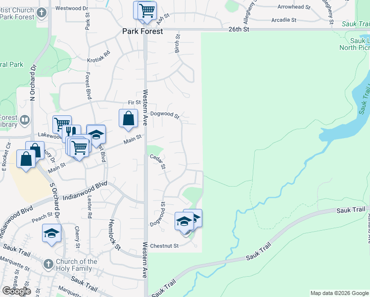 map of restaurants, bars, coffee shops, grocery stores, and more near 183 Dogwood Street in Park Forest