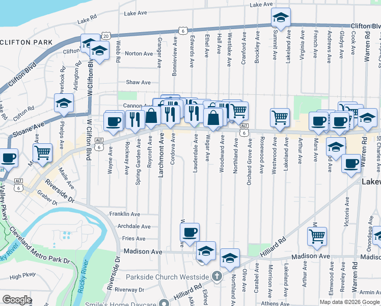 map of restaurants, bars, coffee shops, grocery stores, and more near 1452 Lauderdale Avenue in Lakewood