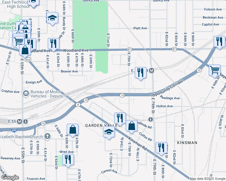 map of restaurants, bars, coffee shops, grocery stores, and more near 7102 Grand Avenue in Cleveland