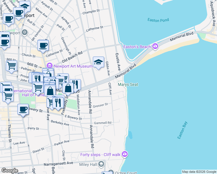 map of restaurants, bars, coffee shops, grocery stores, and more near 2 Cliff Avenue in Newport